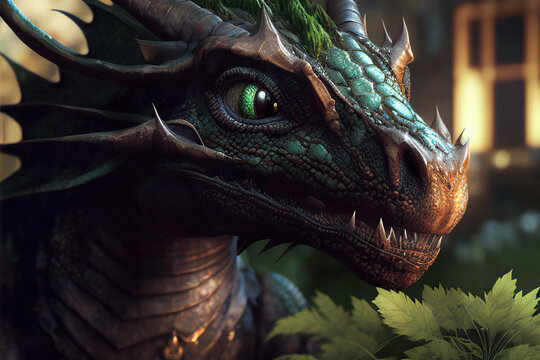 Portrait of a dragon with green eyes, Year of the Dragon, Generative AI
