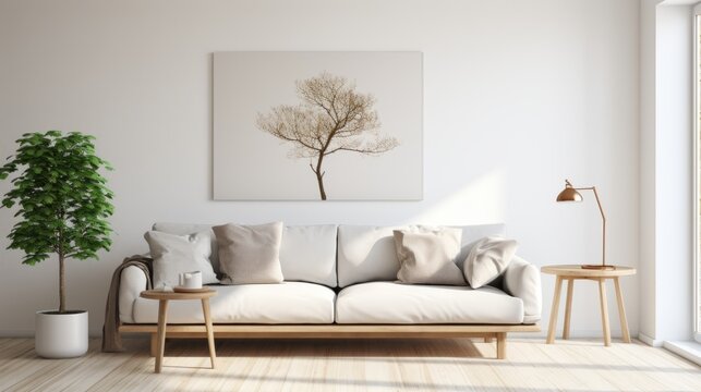 A design sofa, tropical plant, pillows, blanket, gramophone,mockup picture frames are all featured in this stylish Scandinavian white room Modern living area with white walls and brown oak parque