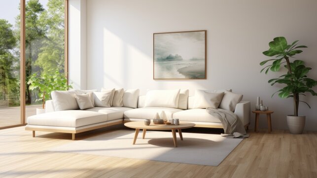 A design sofa, tropical plant, pillows, blanket, gramophone,mockup picture frames are all featured in this stylish Scandinavian white room Modern living area with white walls and brown oak parque