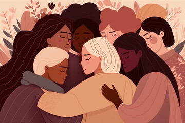 Obraz premium Group of female friends, union of feminists, sisterhood. Multi-ethnic women. A group of beautiful women with different beauty, hair and skin color. The concept of women, femininity, diversity