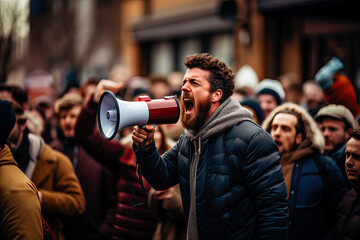Man shouting with a megaphone at a demonstration - obrazy, fototapety, plakaty
