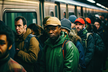 Group of people at rush hour taking the subway in the big city