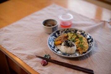 Home made Japanese food in the morning.