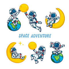 Big set of cartoon astronauts isolated on white background. Doodle style, for book, magazins, cards.