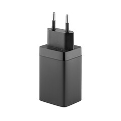 AC charger with USB and Type-C connector on isolated and white background, close-up