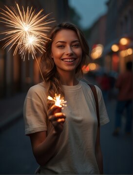 photo close-up portrait of smiling lovable girl celebrating new year with sparklers