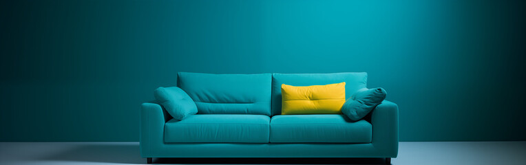 Turquoise Sofa with Yellow Accents on a Teal Background