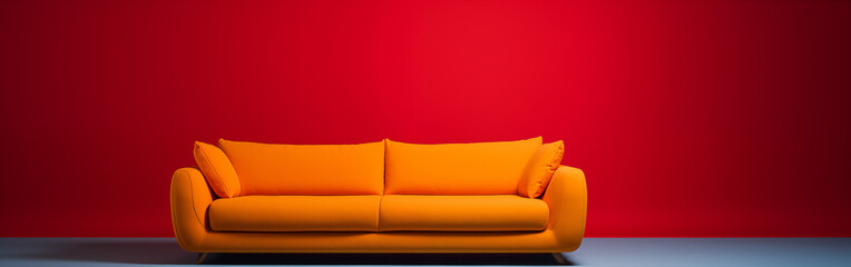 Vibrant Orange Sofa Against a Red Background
