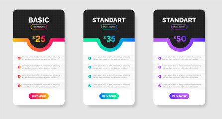 website Pricing chart table design template. Product Plan Offer Price Package Subscription Options Comparison Table Chart Infographic Design. UI UX app pricing chart table Subscription set design.