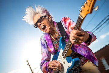 Grandmother playing electric guitar and screaming a song on stage as a rock star with blurred lights. Dynamic senior lifestyle concept, Sunset of life in colors.
