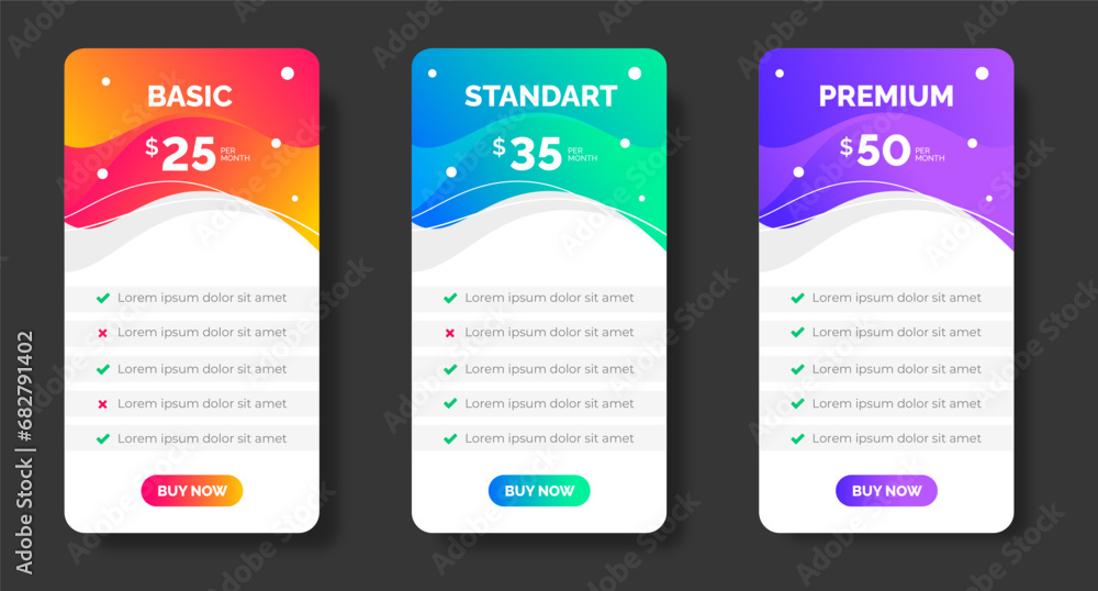 Aufkleber website pricing chart table design template. product plan offer price package subscription options c