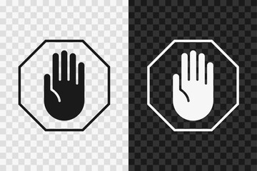 Palm is extended forward showing the STOP symbol. Palm stop symbol isolated on dark and light transparent backgrounds.