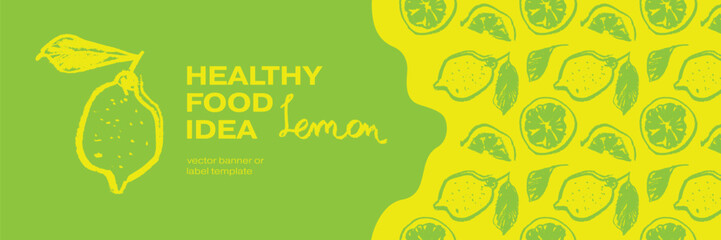 Lemon banner template with vector color lemon seamless pattern. Citrus fruit backdrop on pink background. Hand drawn lemons illustration. Lemon emblem with green leaves. Botanical fabric pattern.