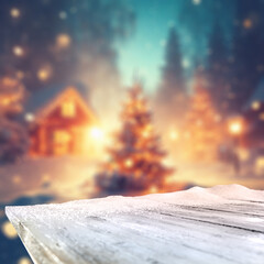 White old worn wooden table cover of snow flakes and empty space for your decoration. Winter...