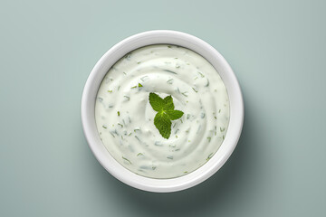 Tartar sauce in close-up, top view, light blue background - obrazy, fototapety, plakaty