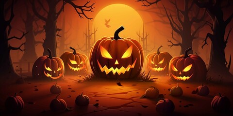 Halloween party background with three jack o lanterns, pumpkins and candles, in the style of flat, limited shading, photobash, vibrant stage backdrops, paul corfield, rtx on, light orange, captivating