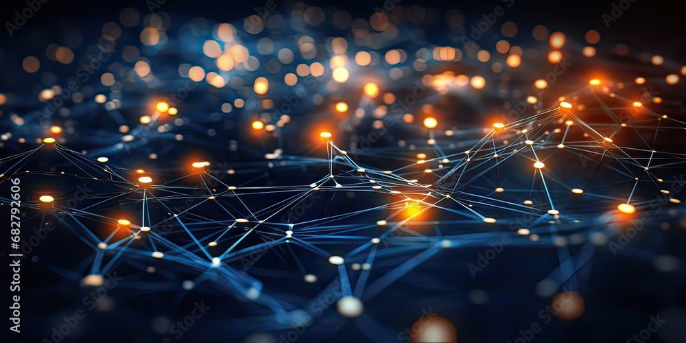 Aufkleber abstract blue gold technology background with a cyber network grid and connected particles. artifici