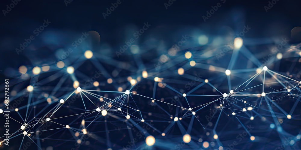 Poster abstract blue gold technology background with a cyber network grid and connected particles. artifici