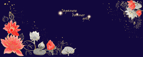 Golden flowers botany banner.Japanese lotos . Hand drawn vector  Line art style design. Concept traditional Asian holiday Golden frames. - obrazy, fototapety, plakaty