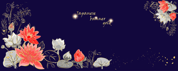 Golden flowers botany banner.Japanese lotos . Hand drawn vector  Line art style design. Concept traditional Asian holiday Golden frames. - obrazy, fototapety, plakaty