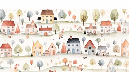 Seamless pattern with cute cartoon houses and trees. Watercolor illustration