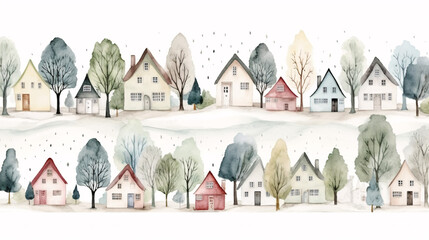 Watercolor village seamless pattern with houses, trees and snow. Hand drawn illustration
