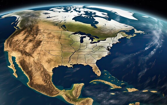 Physical map of North America, USA, Canada and Mexico, with high resolution details. Satellite view of Planet Earth Elements, by NASA