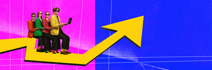 Contemporary art collage. Business people sitting in line making new strategy, planning way to big stable income. Modern minimal bright design.