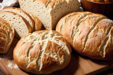 Freshly baked bread on a wooden board, close-up. French bread. Generative AI