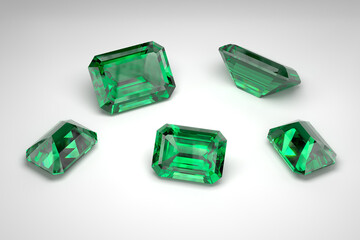 Scattering of emeralds of different sizes on a white background. Exhibition of precious stones. Classic cut. 3d rendering.