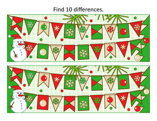 Difference game with winter holidays bunting flags
