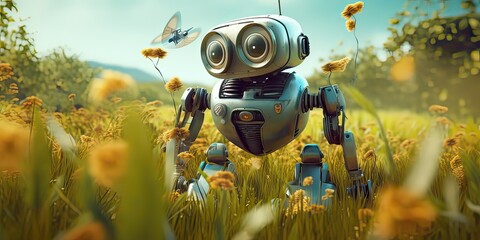 Little cute robot lost in a field on a beautiful day, discovering the earth and exploring nature with curiosity, being surprised by a butterfly - obrazy, fototapety, plakaty