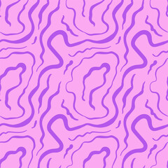 Wavy Seamless Trippy Pattern. purple pink pattern of colorful abstract squiggles print, scribble spiral and wavy lines. retro 80s style. Chaotic ink brush scribbles. Vector illustration.