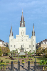scenic view to New Orleans skyline in morning light to Jackson Square with St. Louis cathedral, New...