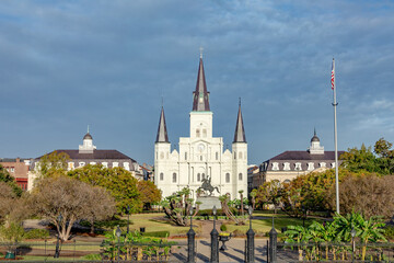Fototapeta na wymiar scenic view to New Orleans skyline in morning light to Jackson Square with St. Louis cathedral, New Orleans, Louisiana,