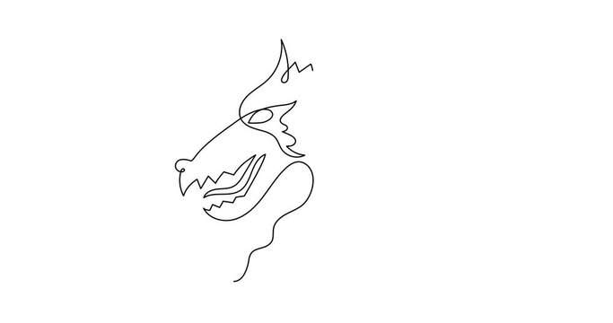 Dragon one line art animation,continuous contour drawing motion, hand-drawn mythical chinese animal outline video, horoscope zodiac sign,fairy tale creature ancient dinosaur.4k self-drawing movie