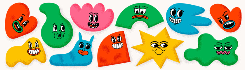 Retro cartoon organic shape funny faces. Groovy vintage 30s 60s 70s minimalistic faces with various emotions on abstract shapes