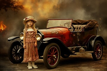 Charming American 1920 child girl. Old american car. Generate AI