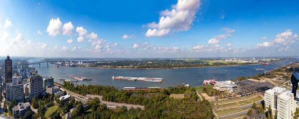 scenic view to downtown Baton Rouge and Mississippi river in morning light , Louisiana