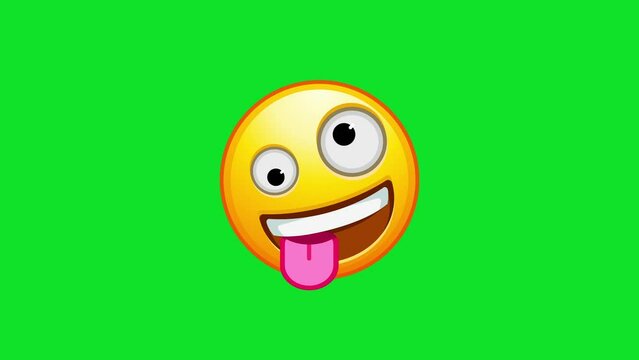 Zany emoji. Goofy emoticon with crazy eyes and tongue out. Yellow face emoji. Animated Emoji. Alpha channel, transparent background. 4K resolution loop animation.