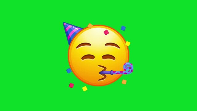 Partying emoji. Emoticon with party horn and hat, celebrating. Animated Emoji. Alpha channel, transparent background. 4K resolution loop animation.