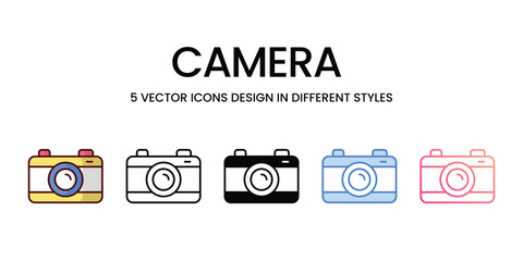 Camera Icon Design in Five style with Editable Stroke. Line, Solid, Flat Line, Duo Tone Color, and Color Gradient Line. Suitable for Web Page, Mobile App, UI, UX and GUI design.