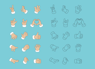 Cartoon hands depicting various gestures in color and black outline. Playful and expressive hand gestures isolated. Colorful groovy hands showcasing a range of gestures for expressing emotions.