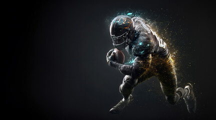 American football player running with the ball in dynamic action. Team spirit, overcoming, equality and tolerance concept in the sport. Copy space for text, banner or design..