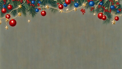 A charming Christmas garland adorned with red and blue baubles, golden stars, and lush green holly. This vibrant decoration stretches across the top of a textured grey background.