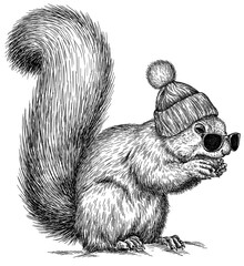 Vintage engraving isolated squirrel set illustration ink gnawer sketch. Forest background rodent animal silhouette art. Black and white hand drawn image © Turaev