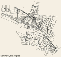 Fototapeta na wymiar Detailed hand-drawn navigational urban street roads map of the CITY OF COMMERCE of the American LOS ANGELES CITY COUNCIL, UNITED STATES with vivid road lines and name tag on solid background