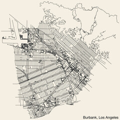 Detailed hand-drawn navigational urban street roads map of the CITY OF BURBANK of the American LOS ANGELES CITY COUNCIL, UNITED STATES with vivid road lines and name tag on solid background
