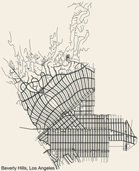 Detailed hand-drawn navigational urban street roads map of the CITY OF BEVERLY HILLS of the American LOS ANGELES CITY COUNCIL, UNITED STATES with vivid road lines and name tag on solid background