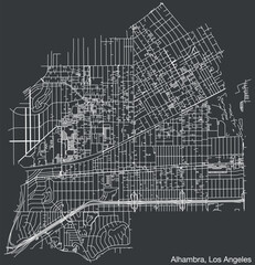 Detailed hand-drawn navigational urban street roads map of the CITY OF ALHAMBRA of the American LOS ANGELES CITY COUNCIL, UNITED STATES with vivid road lines and name tag on solid background